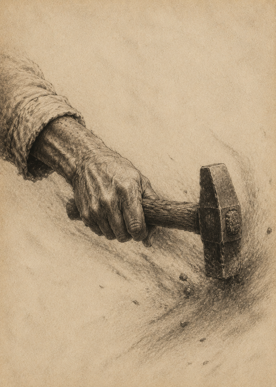 The Hammer — hand-drawn illustration of a weathered hand driving a hammer