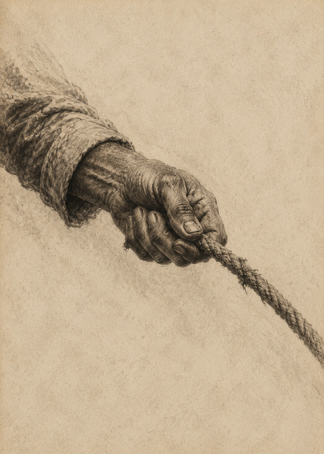 The Hand — hand-drawn illustration of a weathered hand gripping a rope