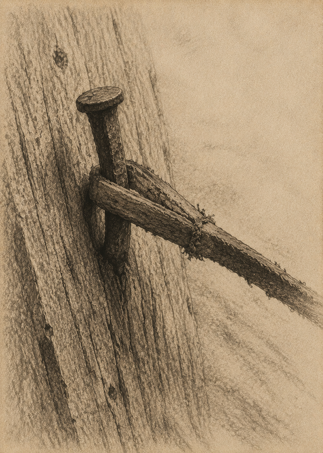 The Nail — hand-drawn illustration of a nail and rope tied to a wooden post